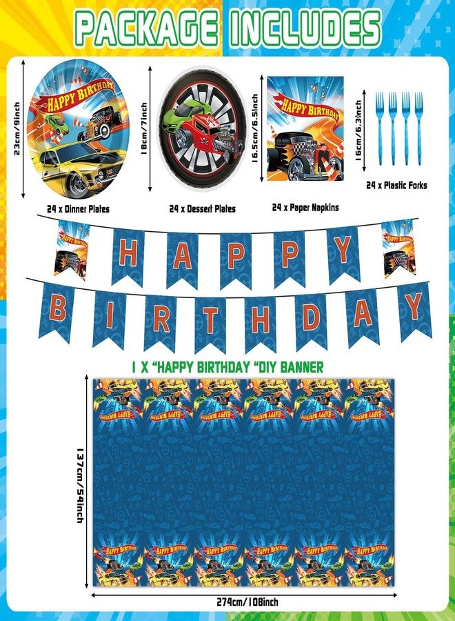 تفكس جيه مجموعة أدوات مائدة للاستخدام مرة واحدة لحفلات أعياد ميلاد الأولاد، تتضمن 98 قطعة من لوازم حفلات سيارات السباق، وأطباق ورقية، ومناديل، ومفرش طاولة بلاستيكي مستطيل، ولافتة، وشعار سيارات السباق. تكفي لـ 24 شخصًا. - Image 2